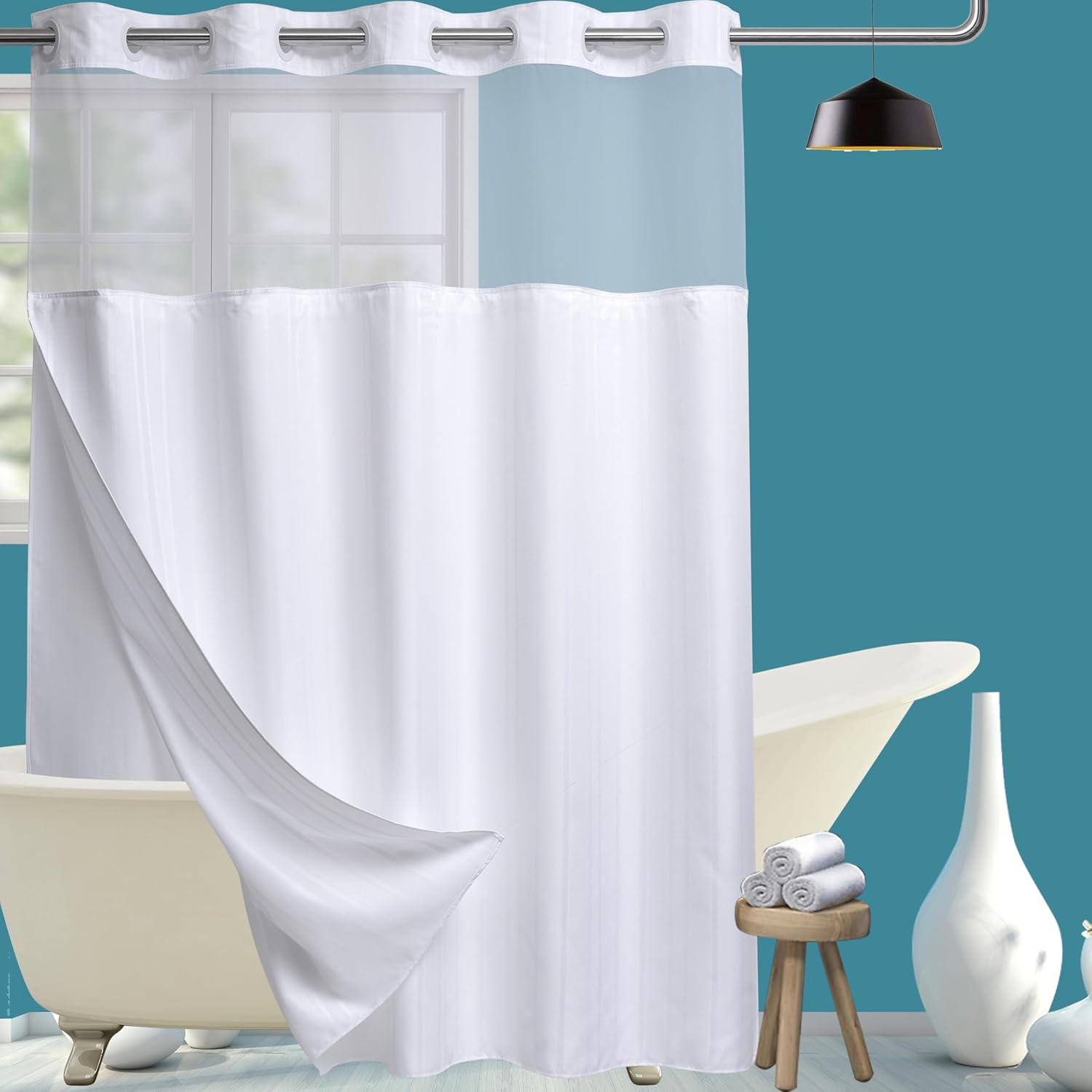 Conbo Mio No Hook Waffle Weave Shower Curtain Set for Luxury Bath