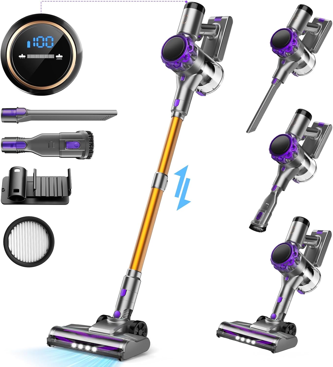 Powerful Cordless Vacuum: Max 55Min Runtime, 300W 35Kpa, LED Display
