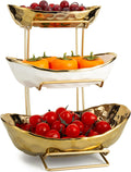 3 Tier Fruit Bowl for Kitchen Counter - White Gold Ceramic Stand