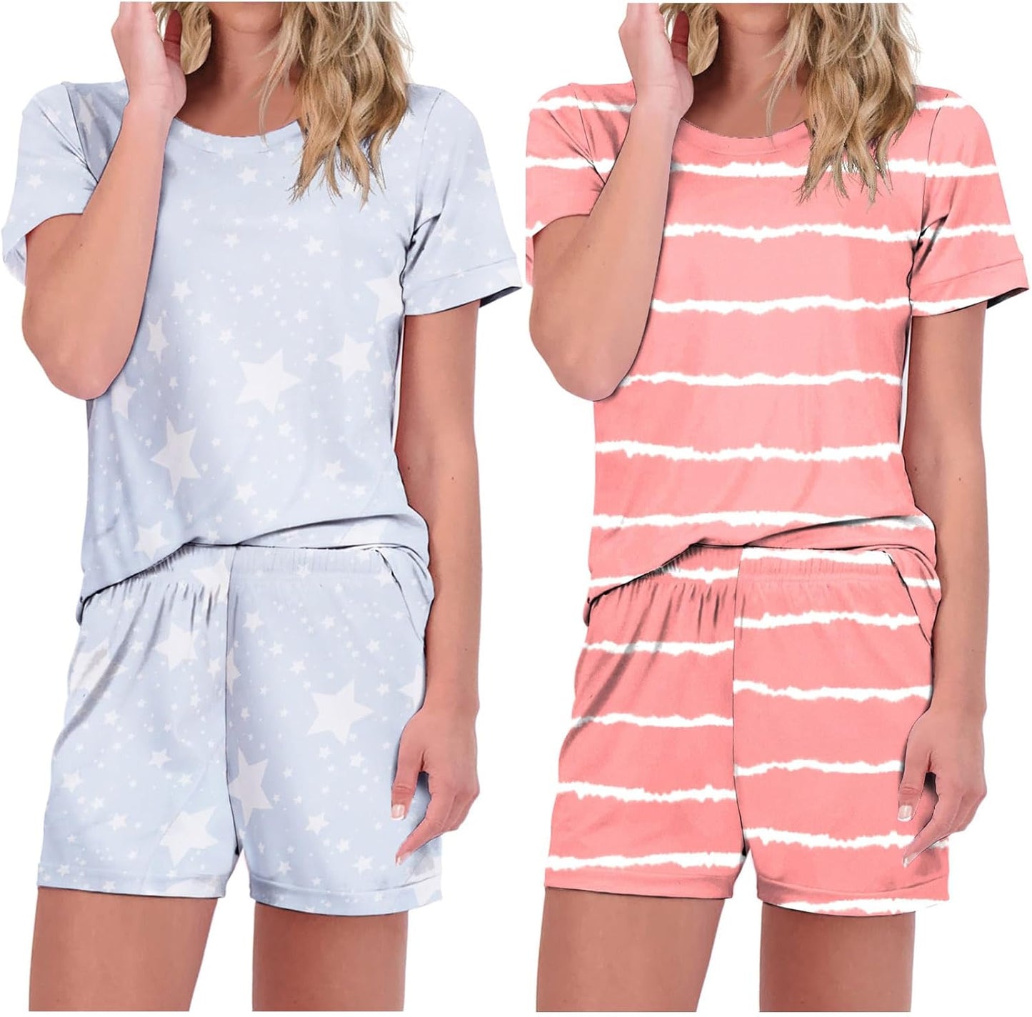 Ekouaer 2 Pack Pajamas Short Sleeve Top and Shorts Sets
