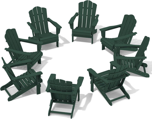 Folding Adirondack Chair Set of 8, HDPE All-Weather Green
