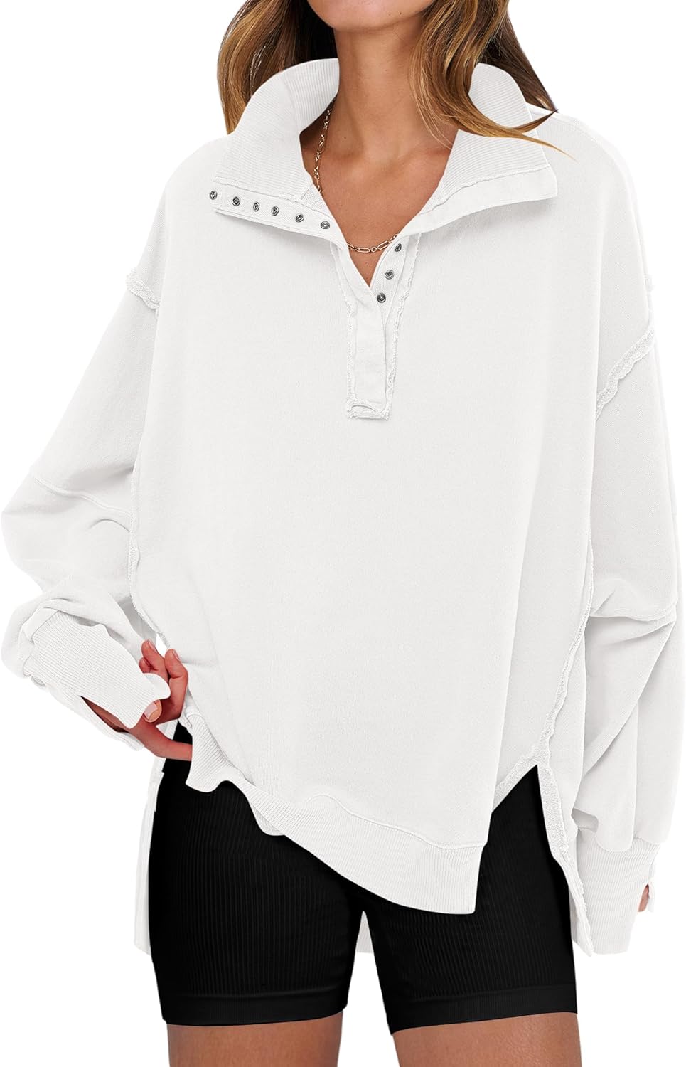Oversized Women's Sweatshirts Button Up Henley Pullover Top