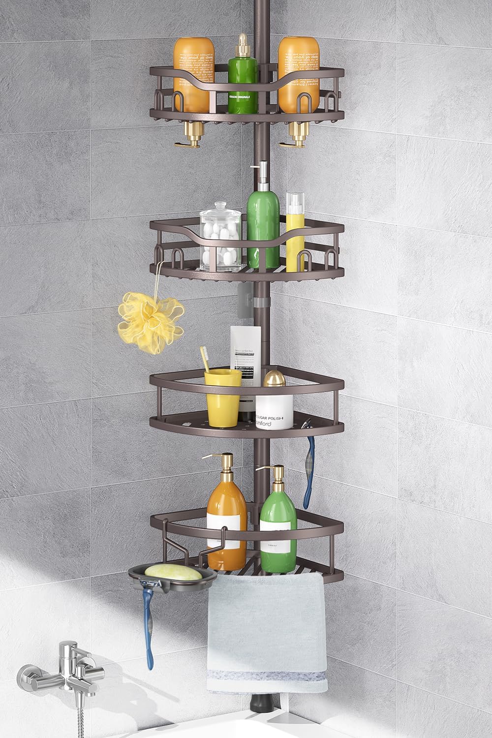HAMITOR Corner Shower Caddy Tension Pole for Bathroom Storage