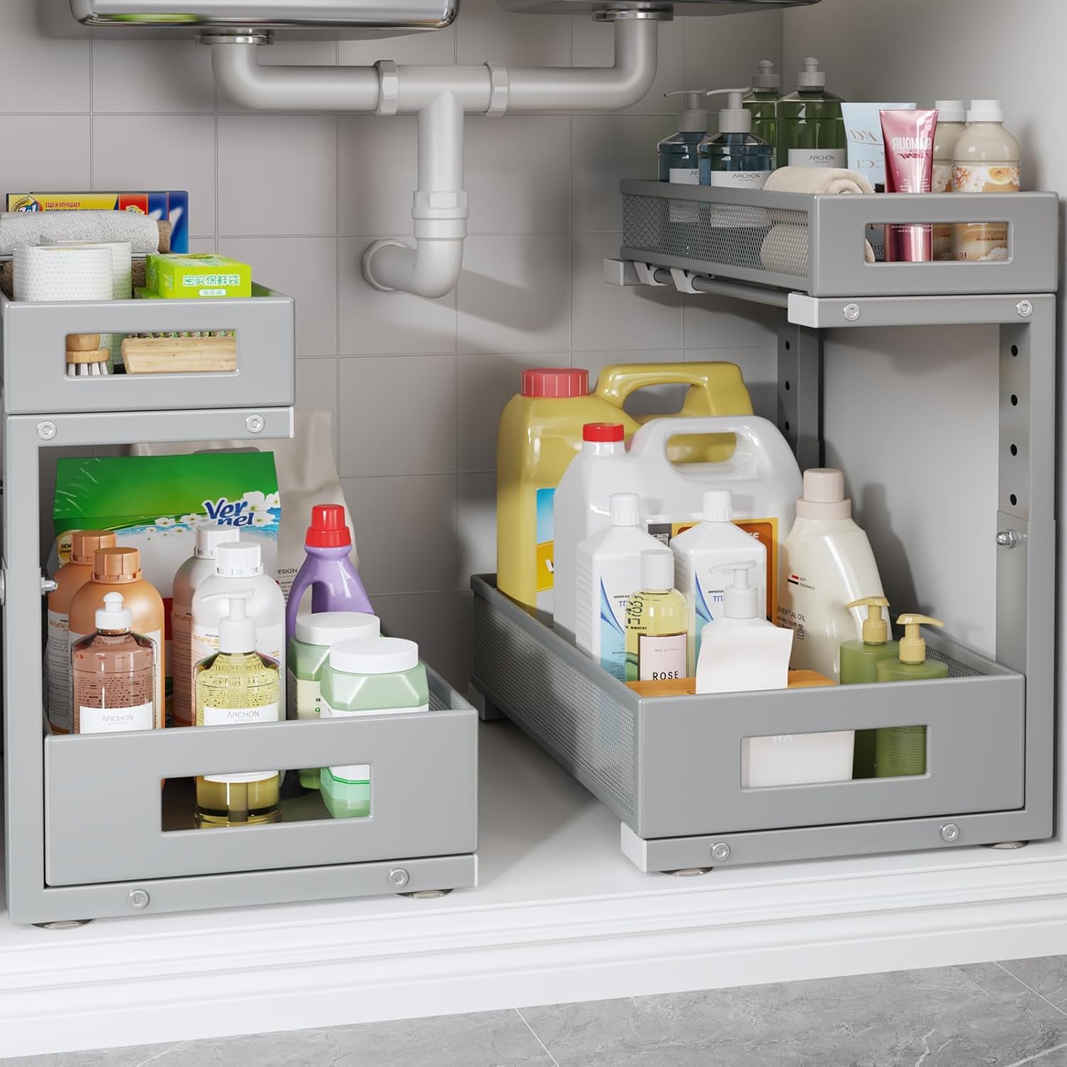 2-Pack Under Sink Storage Organizer for Kitchen and Bathroom