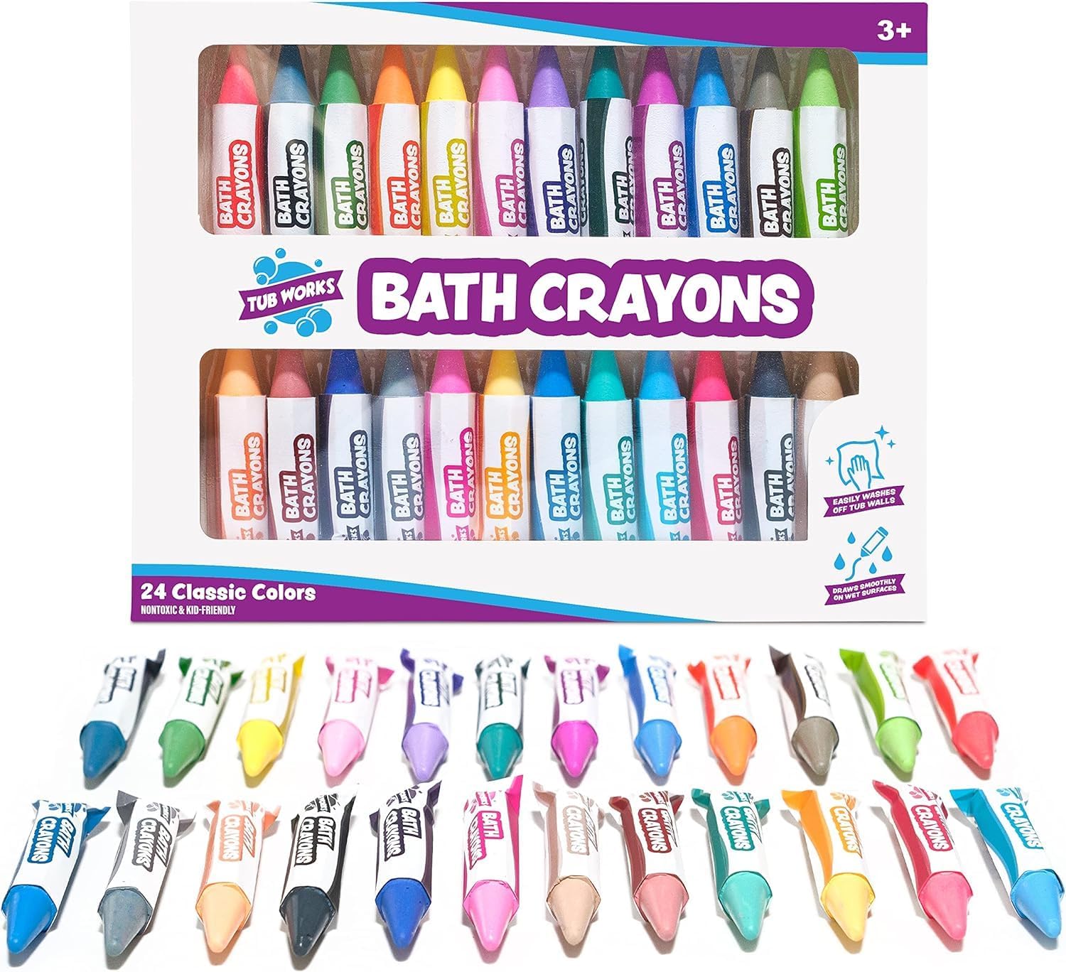 24 Pack Washable Bath Crayons for Kids | Draws Smoothly on Wet & Dry Walls