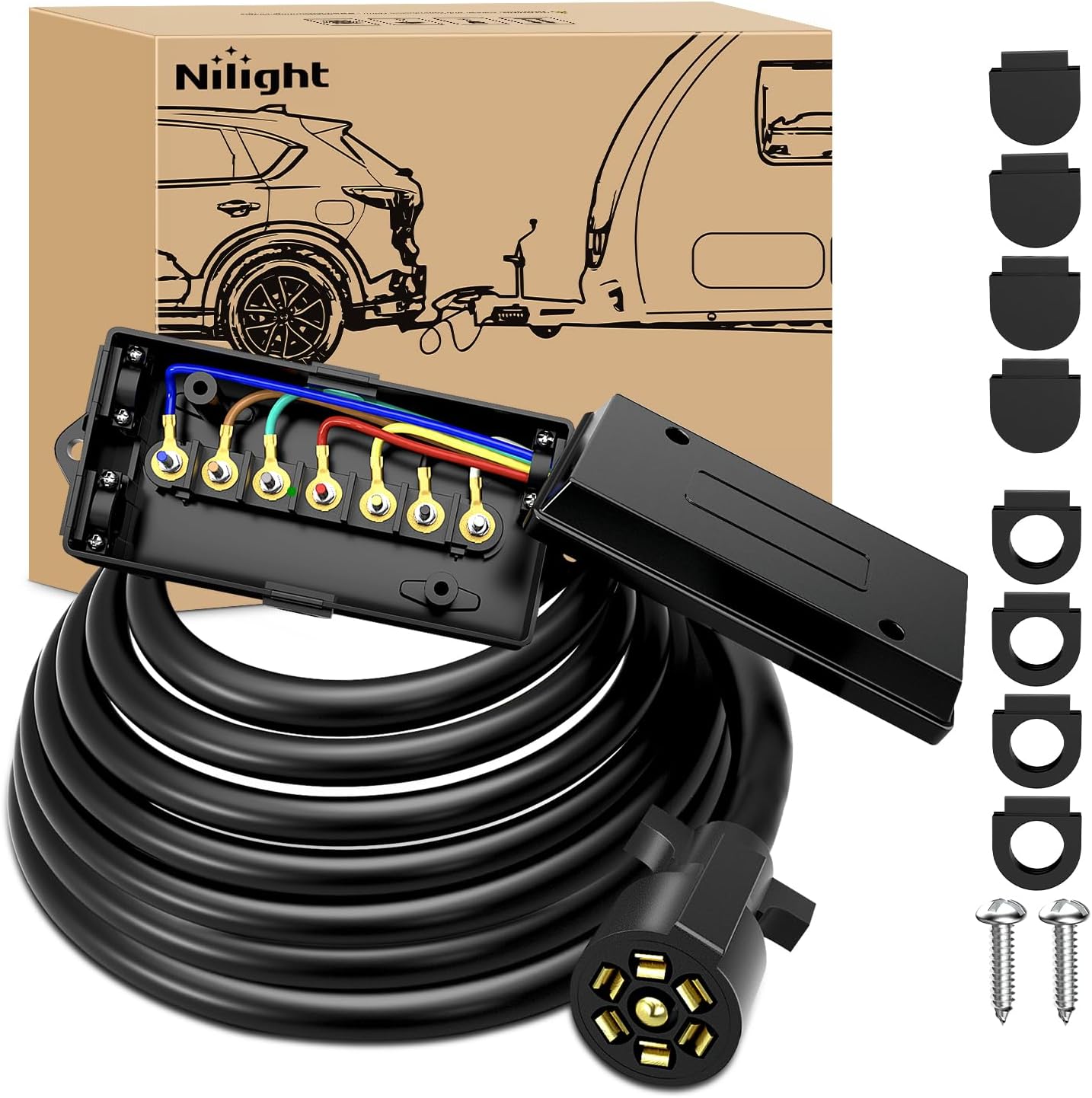 Nilight Heavy Duty 7 Way Inline Trailer Plug with Junction Box