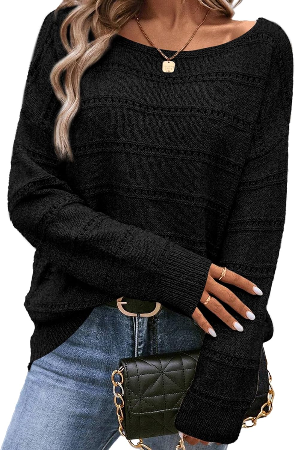 SHEWIN Women's Lightweight Crochet Boat Neck Sweater for Fall