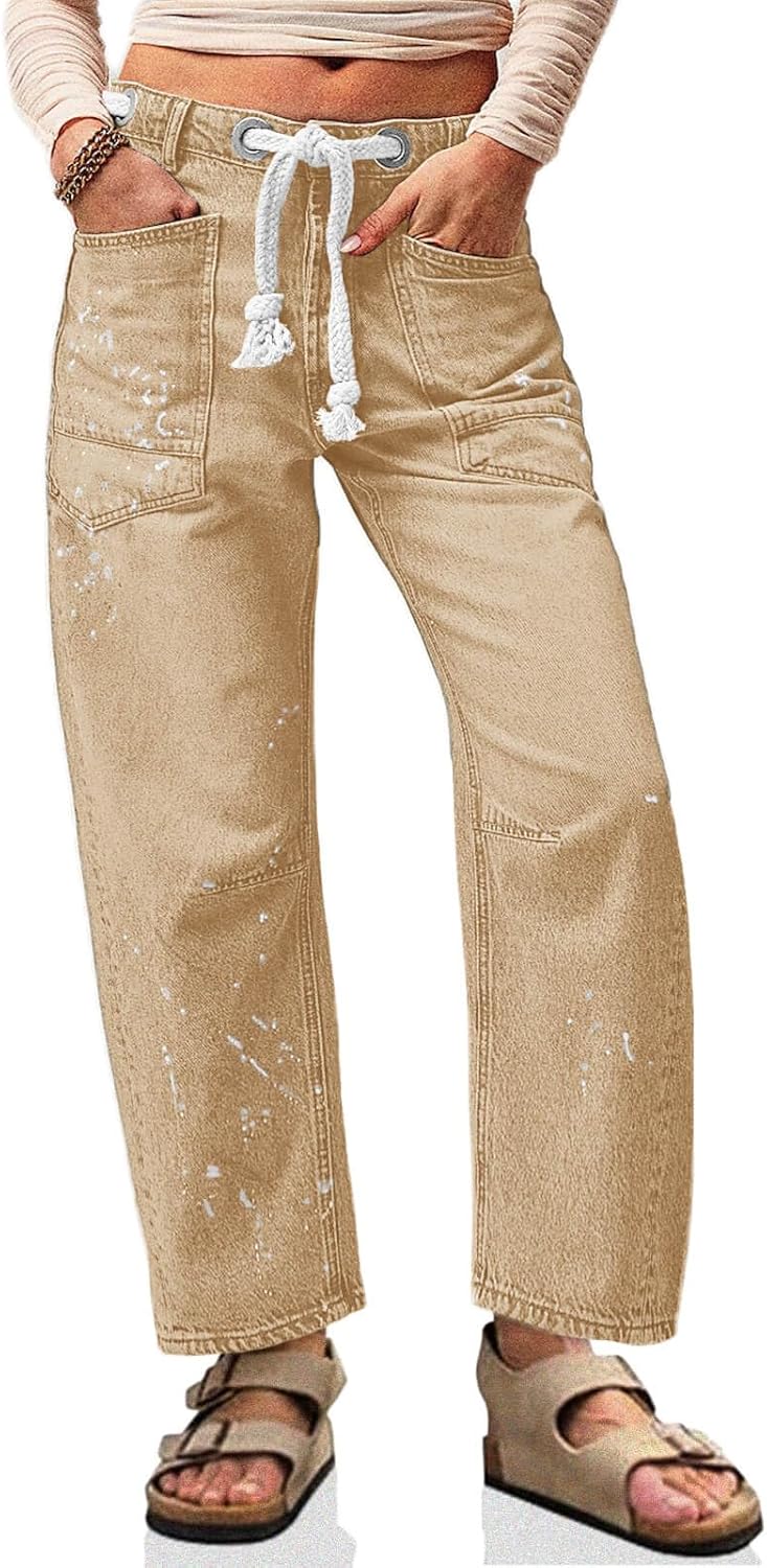 Cicy Bell Womens Baggy Barrel Jeans with Drawstring and Pockets