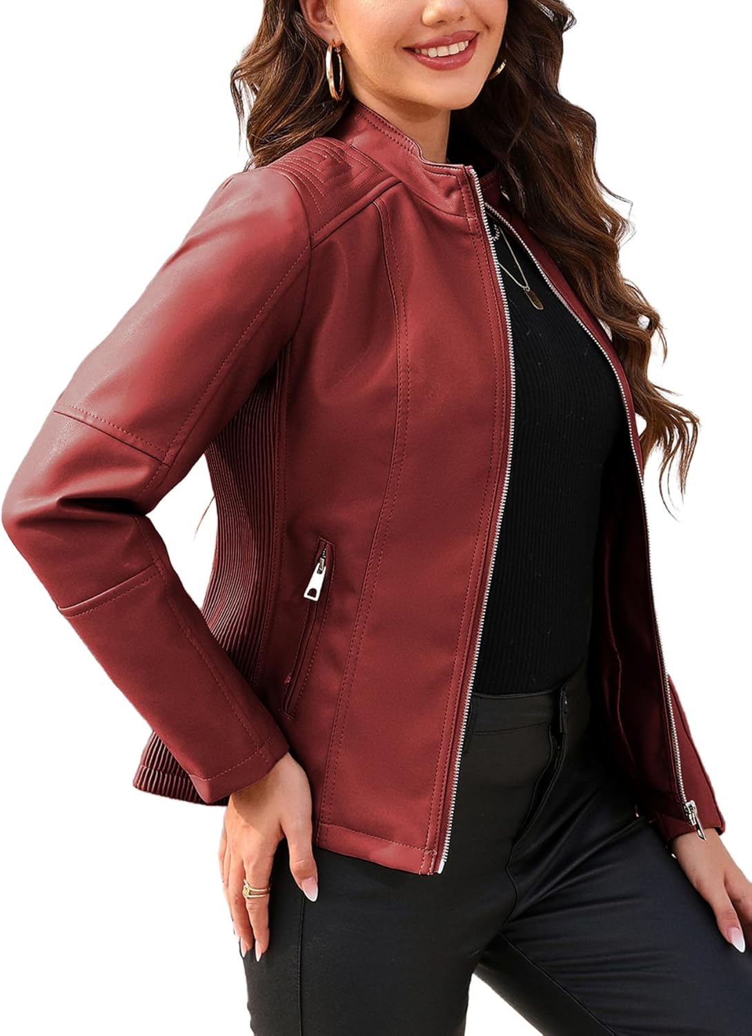 Faux Leather Jacket Women Motorcycle Zipper Bomber Coat
