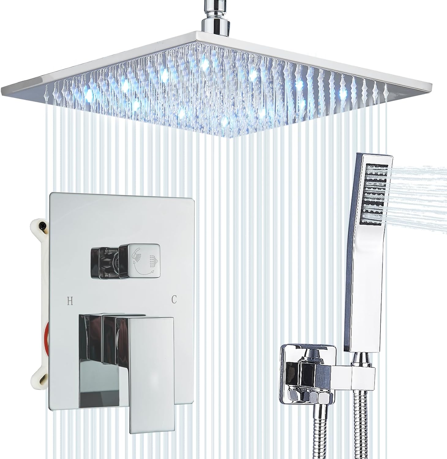 Ceiling Mount Shower Faucet Set with 12 Inch LED Rainfall Head