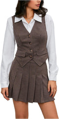Women's Plaid Vest Blazer and Pleated Mini Skirt Suit Set - Polished