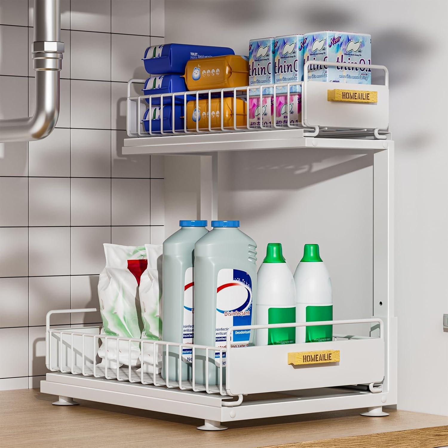 Under Sink Organizer with Adjustable Tiers for Kitchen and Bathroom