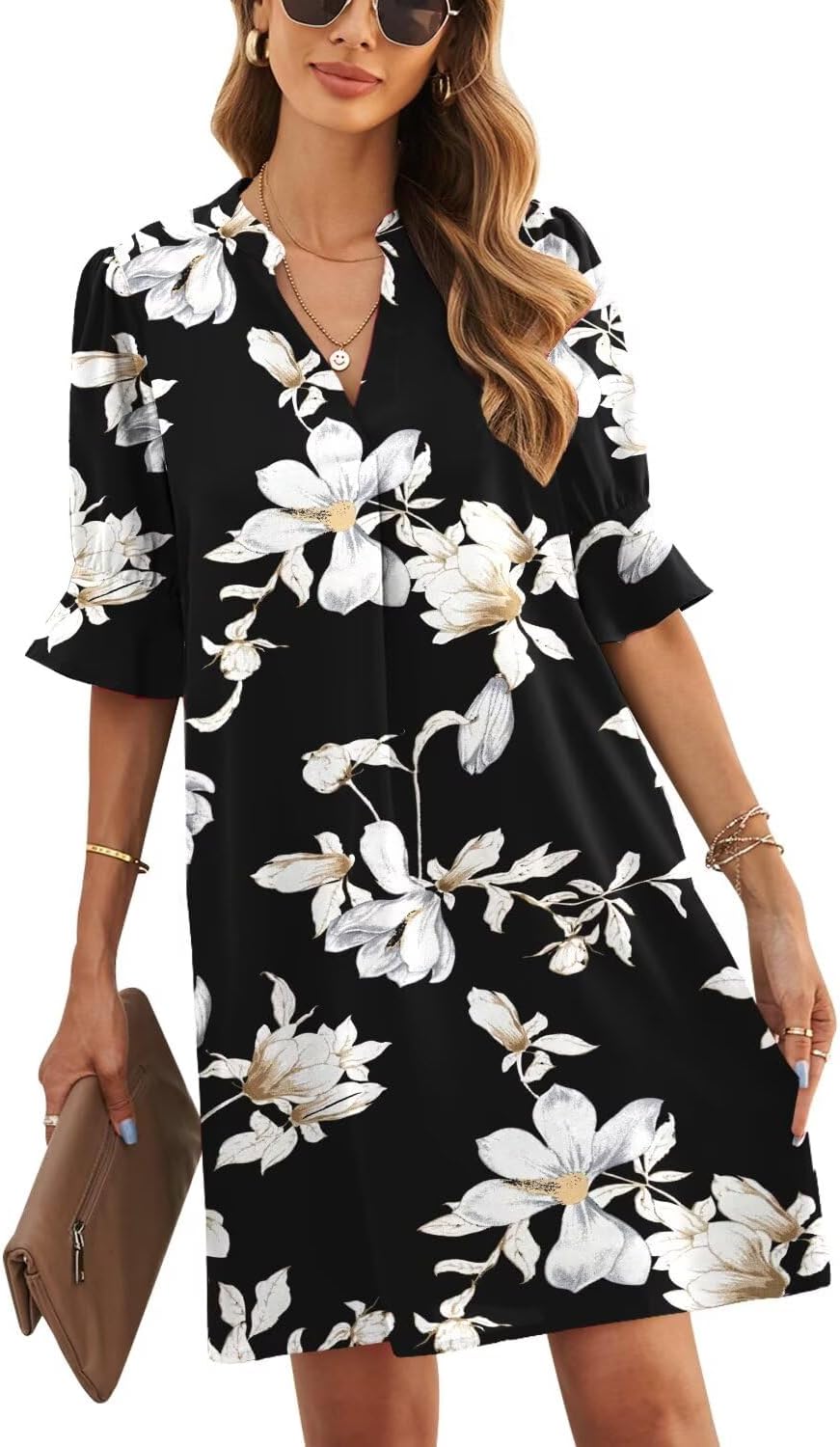 V-Neck Ruffled Short Sleeve Dress for Women by JOCAFIYE