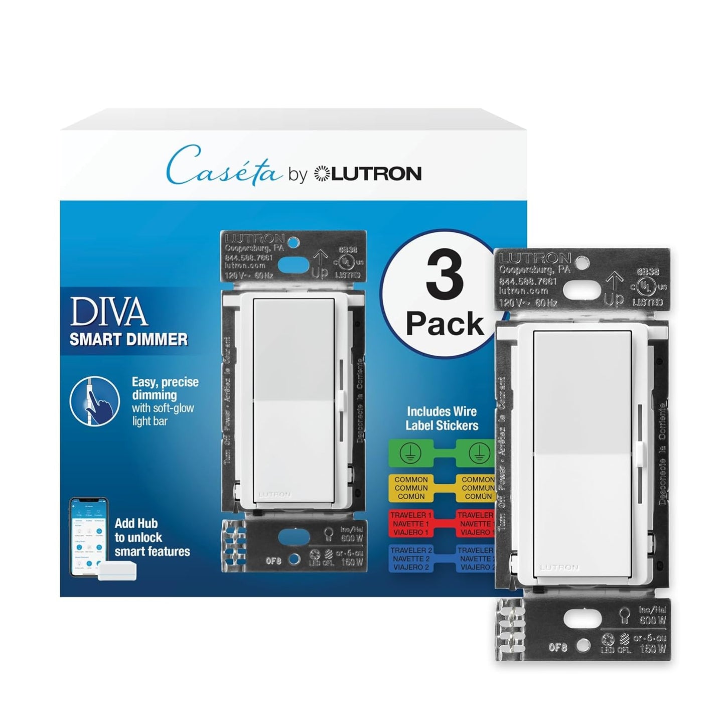 Lutron Diva Smart Dimmer Switch for Caseta Lighting - 3 Pack