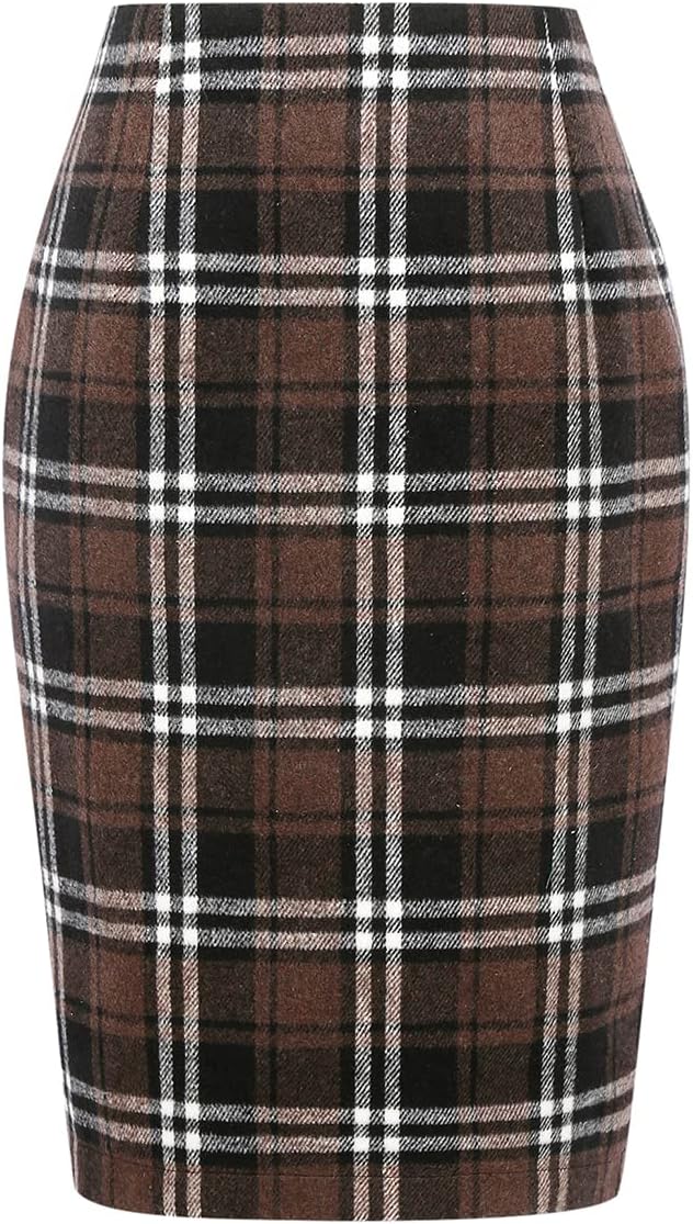 Plaid Skirts for Women Fall Winter Knee Length Pencil Wool Skirt
