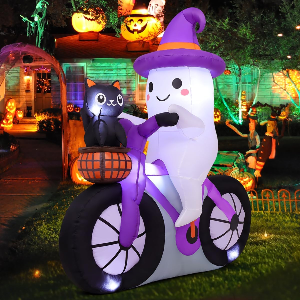 5 FT Halloween Inflatables Ghost Cycling with Cat for Yard Decor