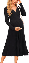 OUGES Women's Fall Maternity Midi Dress Wrap V Neck - Cozy, Flattering