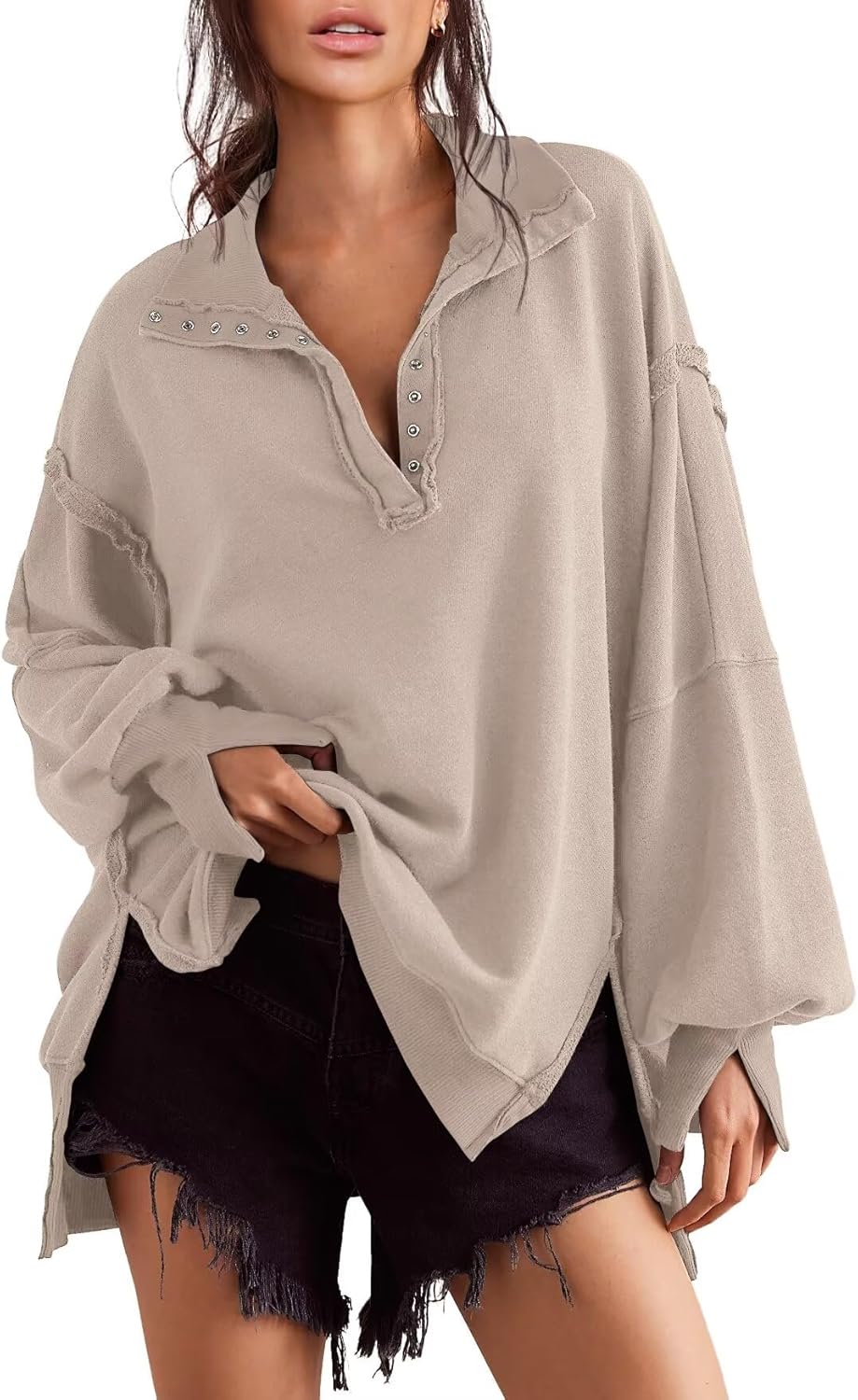 Trendy Henley Pullover Button Sweatshirt for Women in 2024