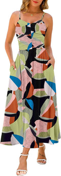 Annebouti Women Ruched Floral Maxi Dress - Adjustable Straps & Pockets