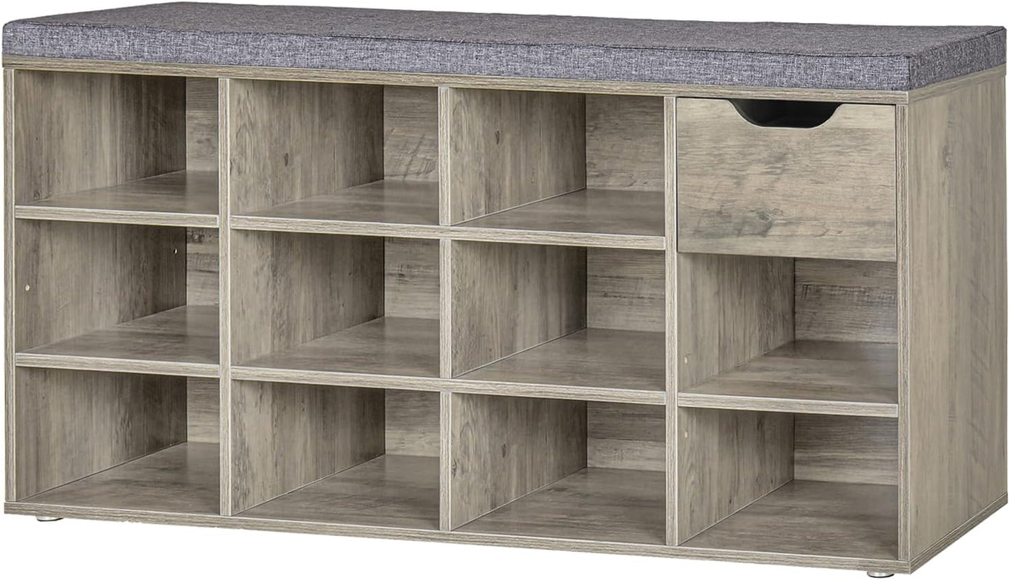 DINZI LVJ Shoe Bench with Drawer and 11 Cubbies for Storage