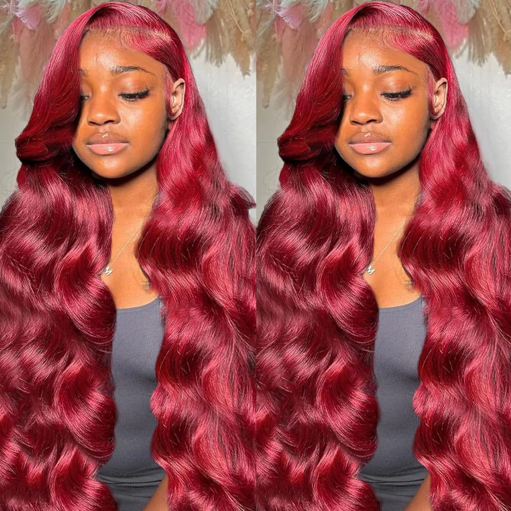 32 Inch Body Wave Lace Front Wigs Human Hair in Burgundy Color