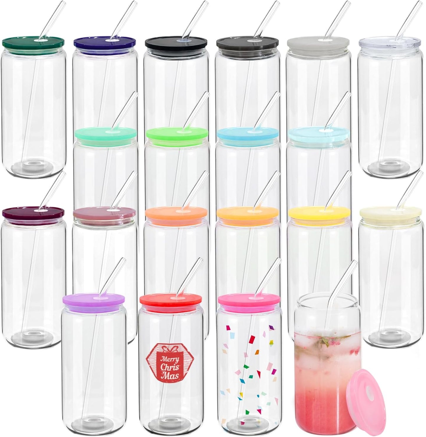 20 Pack Glass Cups with Lids and Straws for Iced Coffee Lovers