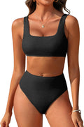 Women High Waisted Ribbed Bikini Set - Tummy Control Slim Fit