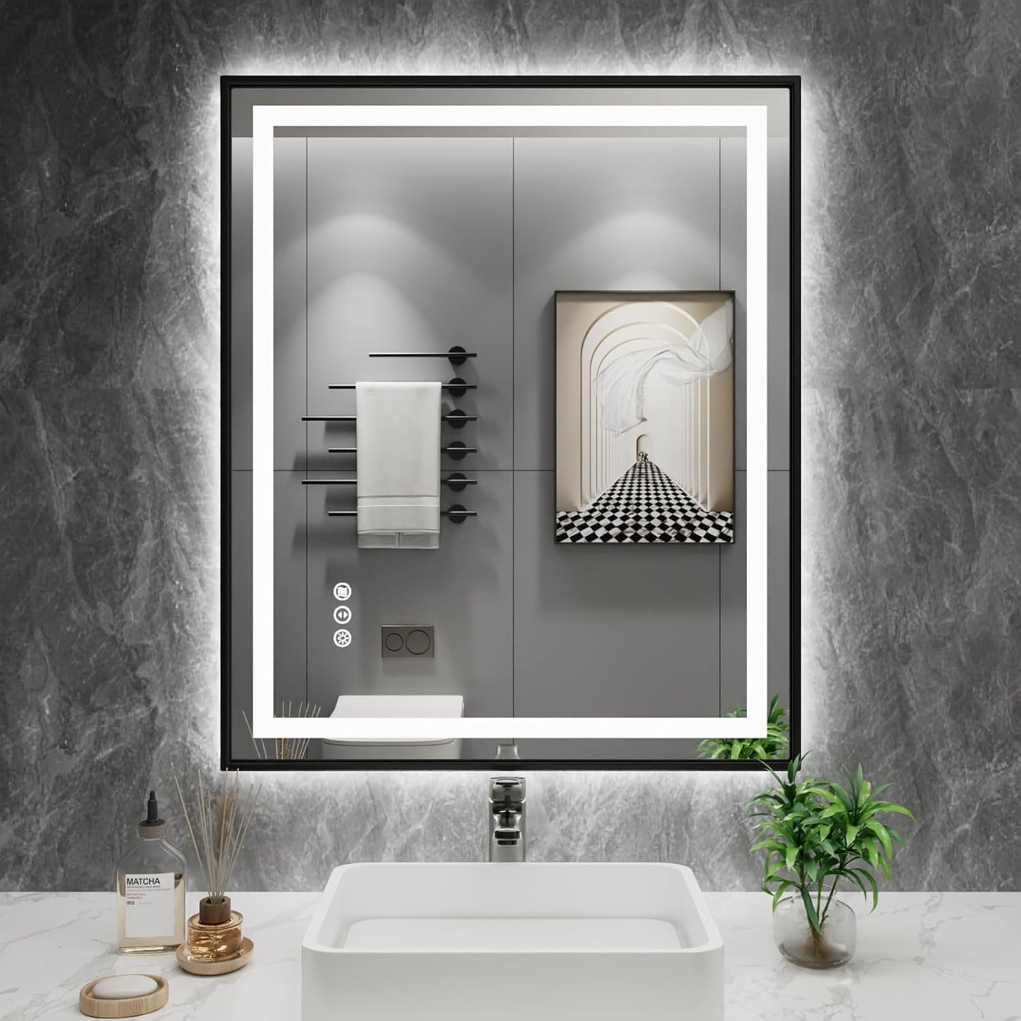 Amorho 24X30 LED Bathroom Mirror with Black Frame and Lights
