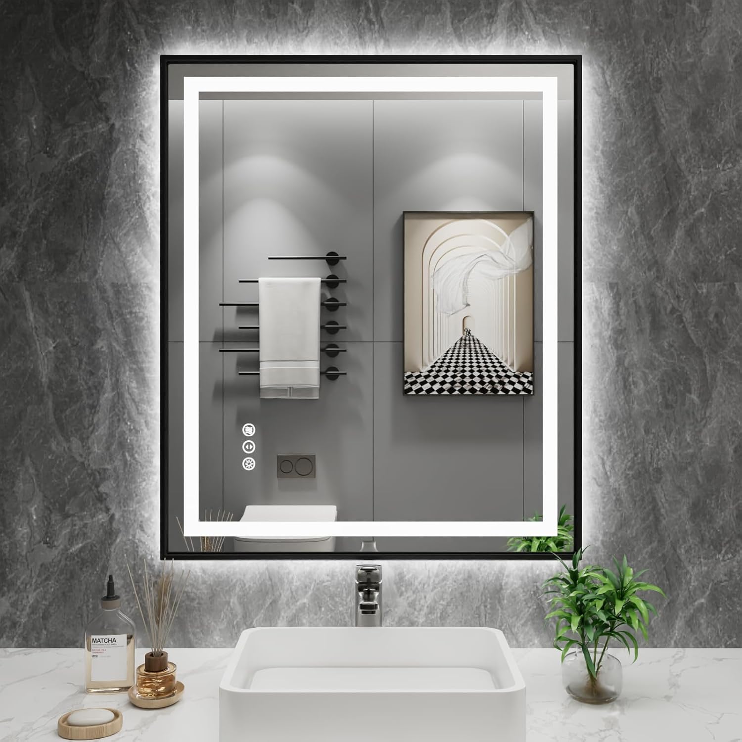 Amorho 24X30 LED Bathroom Mirror with Black Frame and Lights