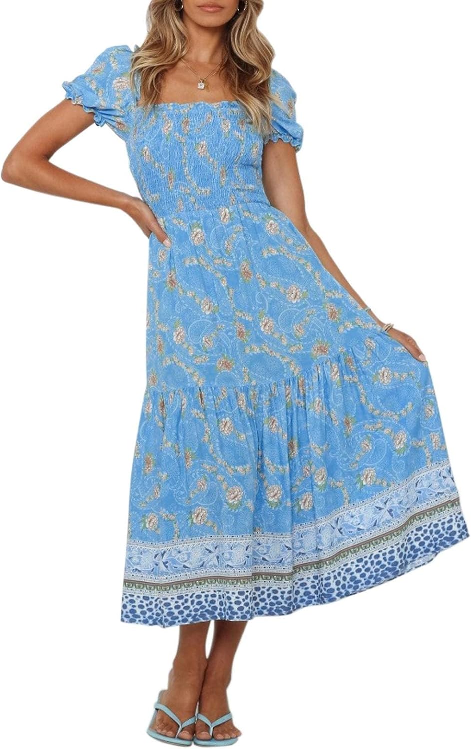 ZESICA Women's Boho Floral Print Square Neck Maxi Dress