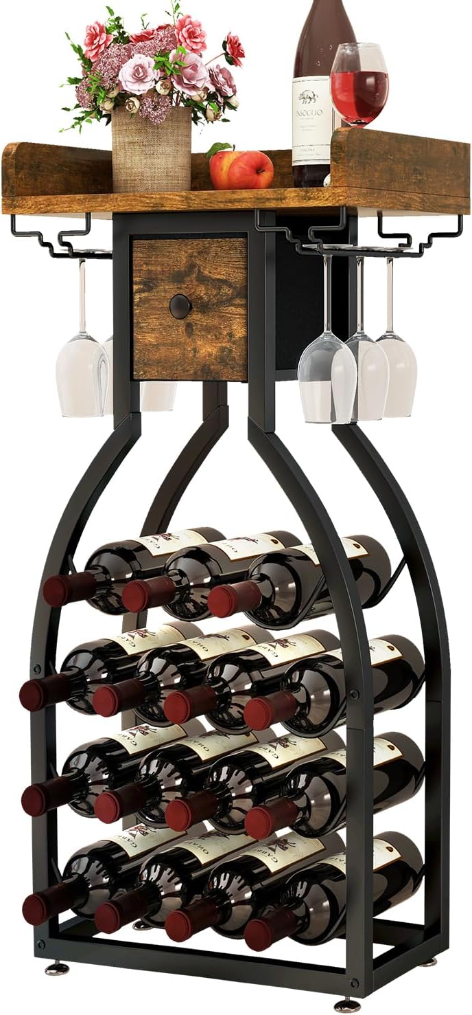 IBUYKE Wine Rack Freestanding Floor for 15 Bottles and Glasses