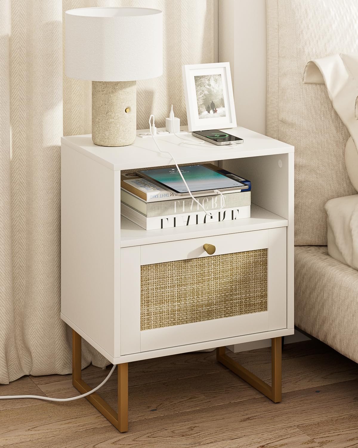 Masupu Extra Large Rattan Nightstand with Charging Station