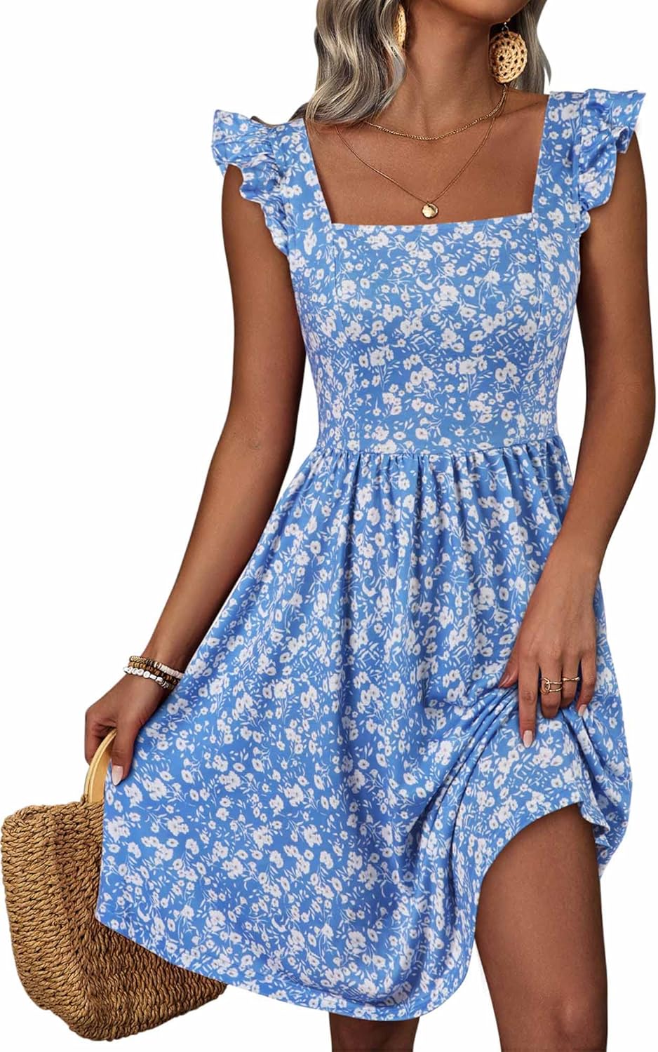 Loemes Summer Casual Cute Floral Flowy Square Neck Sundress