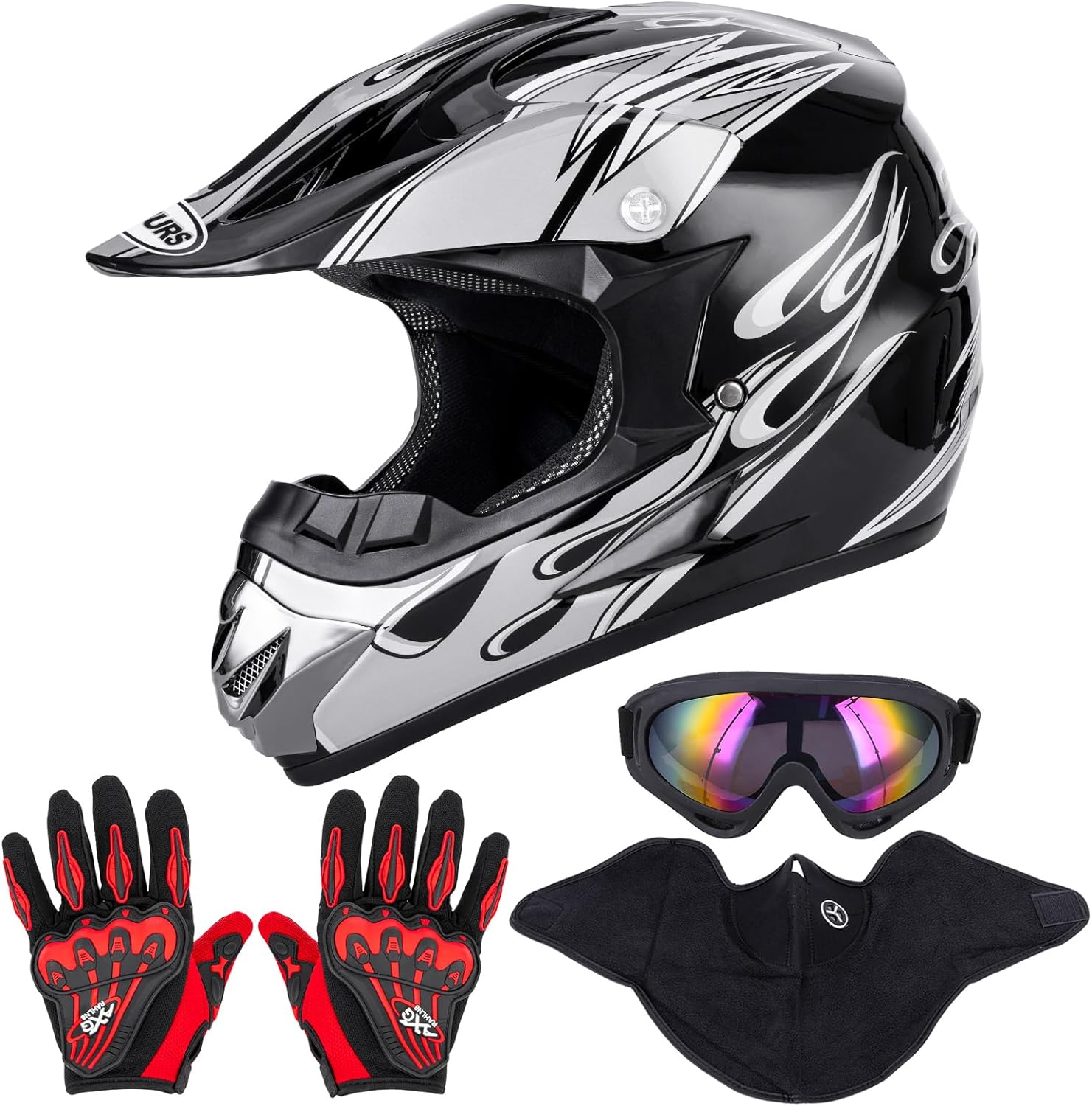 Adult Motocross Dirt Bike Helmet with Goggles, Gloves & Mask