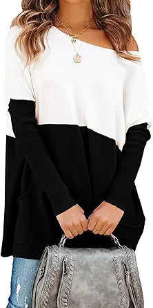 PRETTYGARDEN Womens Color Block Knit Pullover Off Shoulder Sweater