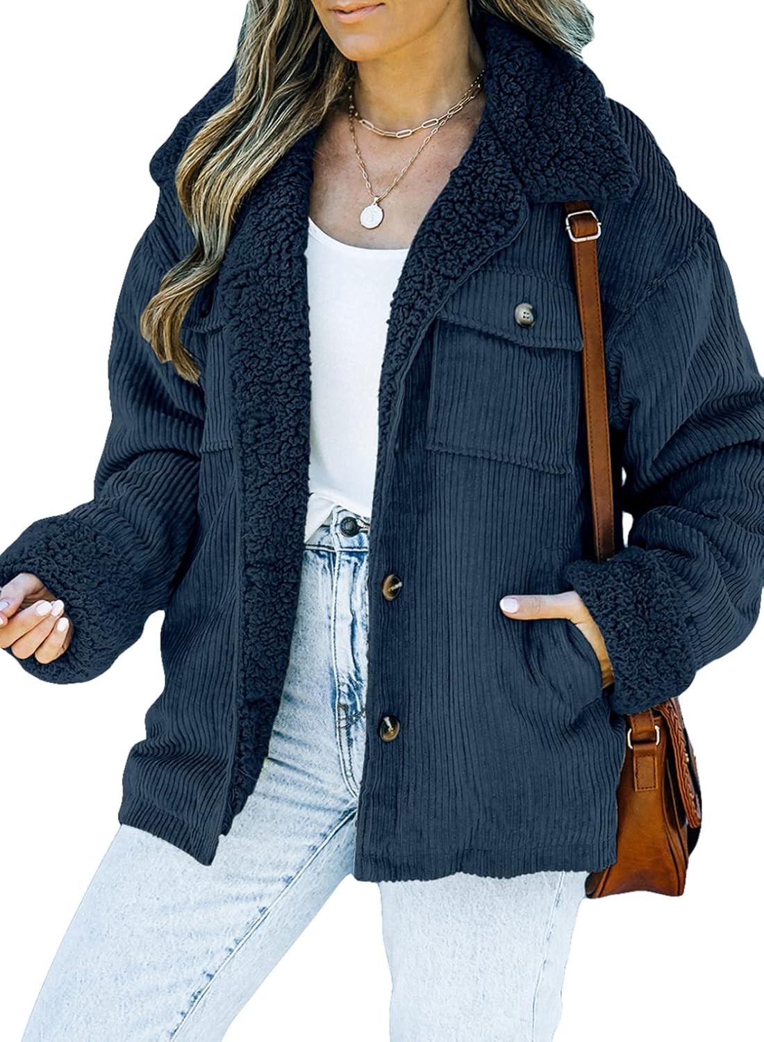 Stylish Corduroy Sherpa Jacket for Women - Winter Warm Coat