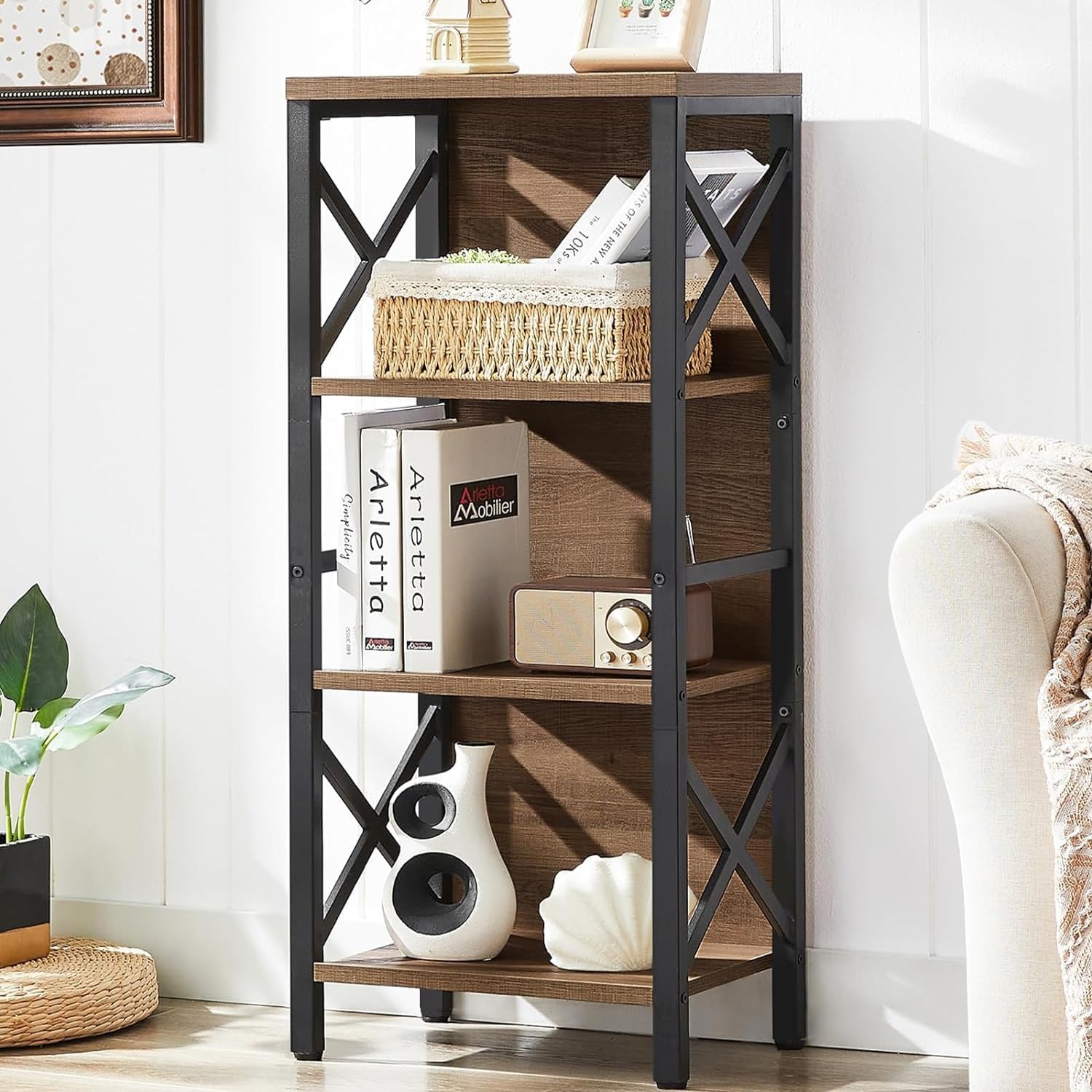 Small Bookshelf 4 Tier Industrial Bookcase for Small Spaces