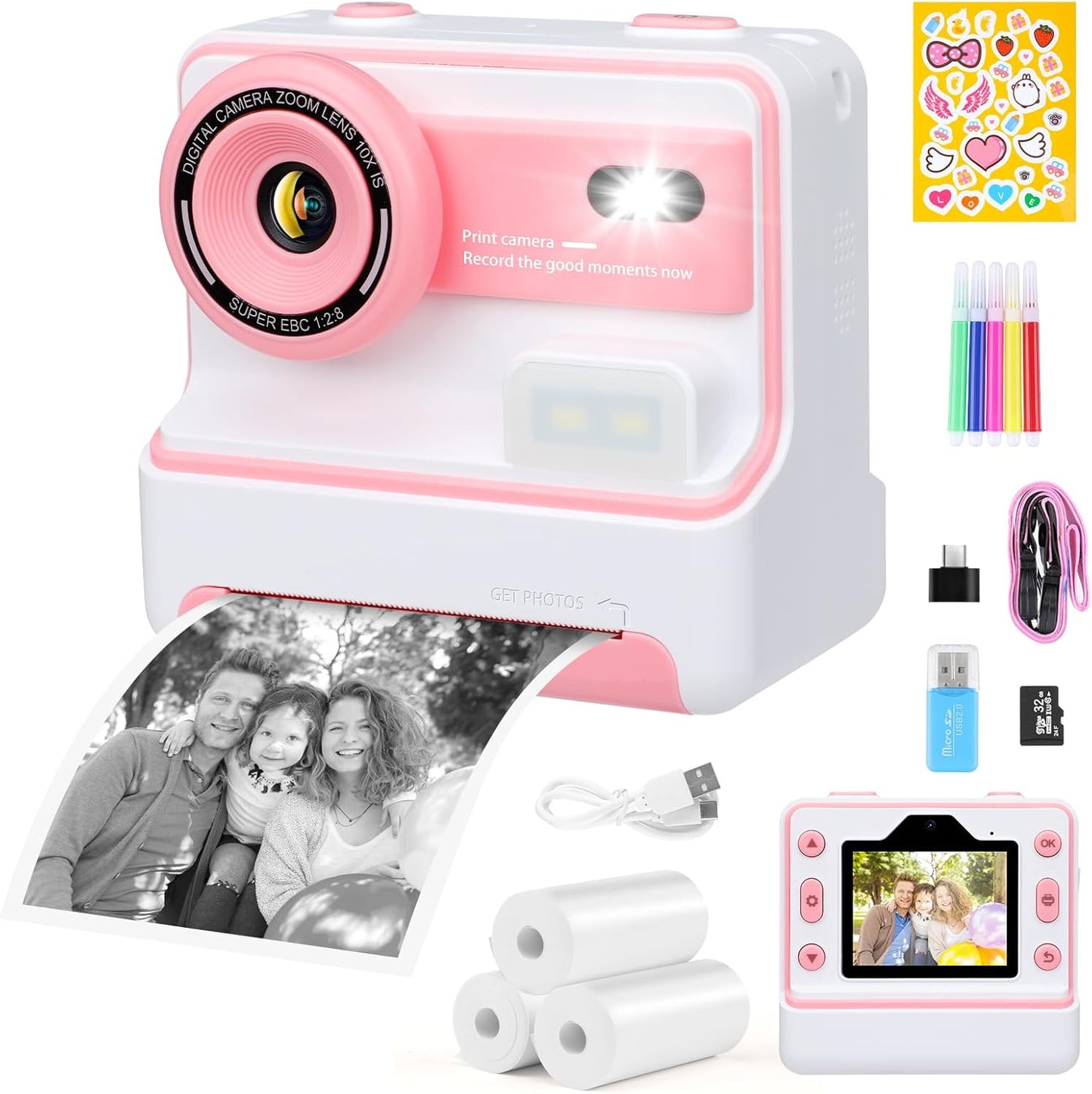 Laelr Kids Instant Print Camera - HD Video, 3 Rolls Paper, 32GB Card