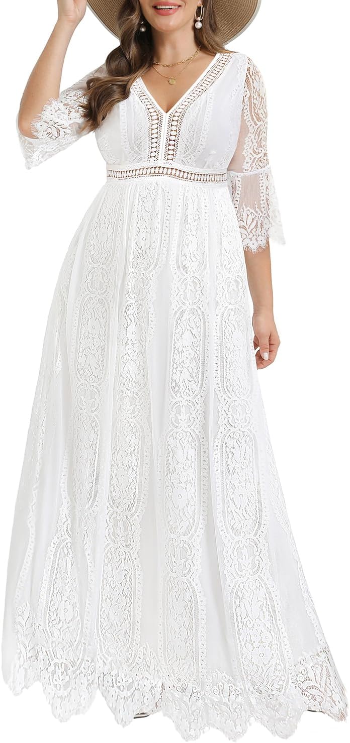 Plus Size Wedding Dress Boho - Maxi Bridal Shower Lace Gown