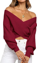 Off The Shoulder Sweater for Women - Ribbed Wrap Cropped V Neck
