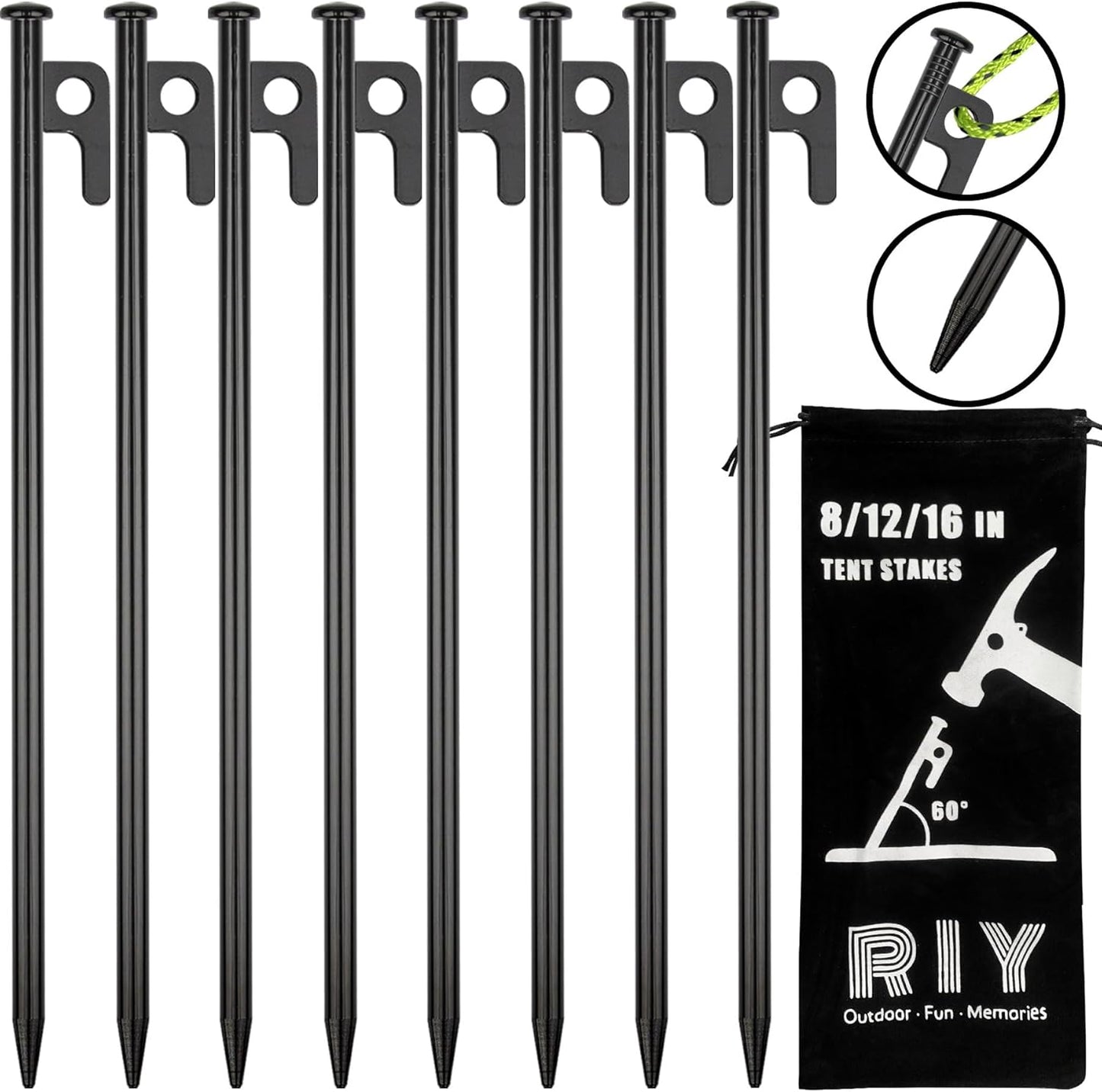 Unbreakable 12 Steel Tent Pegs x8 - RIY