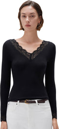 Cloud Cashmere Women V Boat Neck Lace Long Sleeve Shirt - Soft, Slim