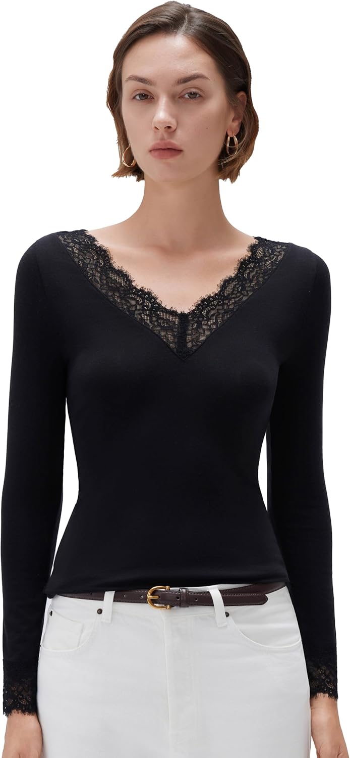 SUUKSESS Cloud Cashmere Women Basic Tops with Lace Detail