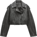 Women Faux Leather Cropped Jacket Lapel Zipper Biker Short Coat LY