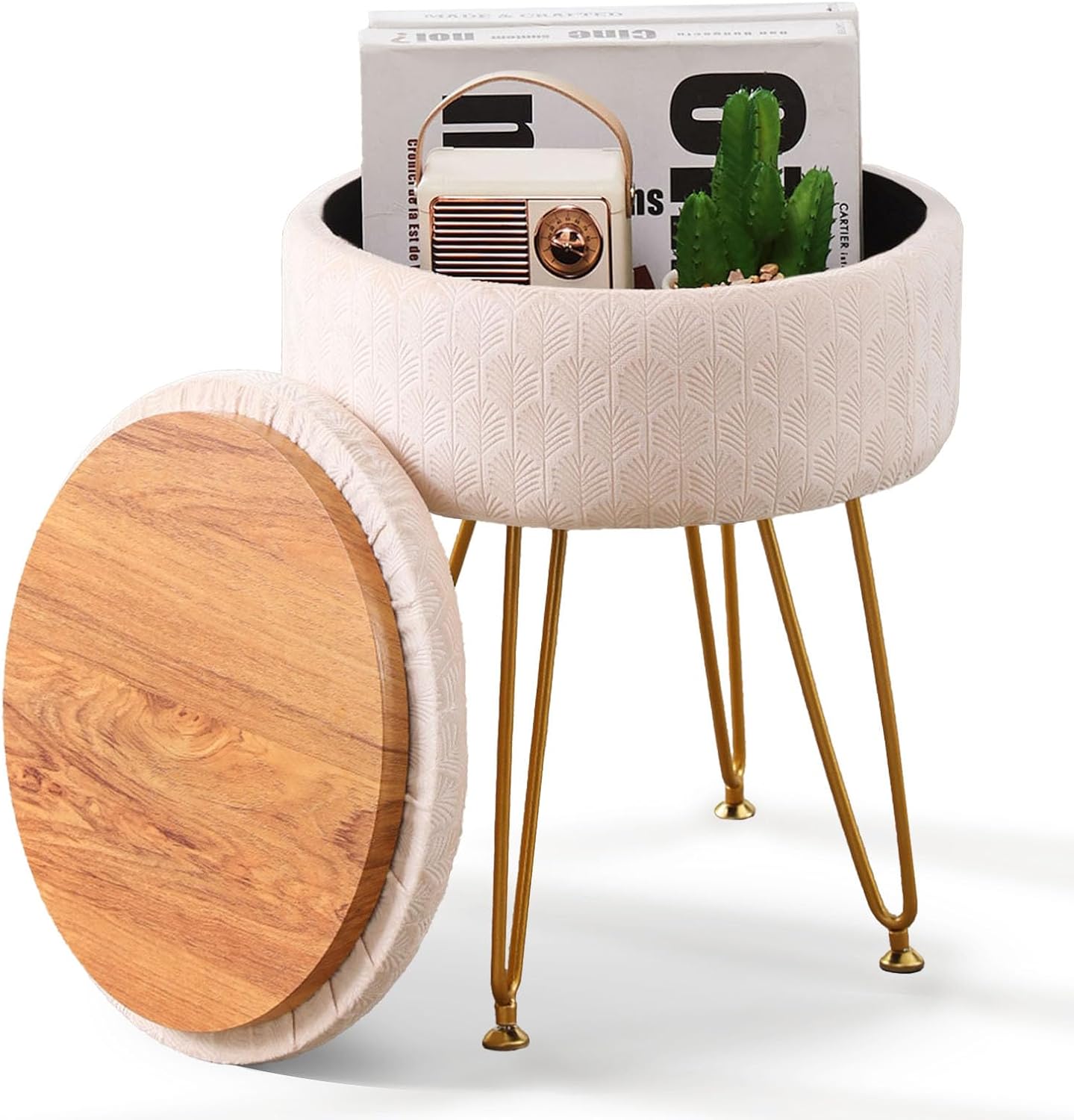 Cpintltr Round Velvet Ottoman with Storage and Gold Legs