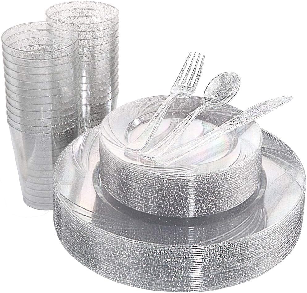 WDF 150pcs Silver Plastic Plates for Winter Wonderland Parties