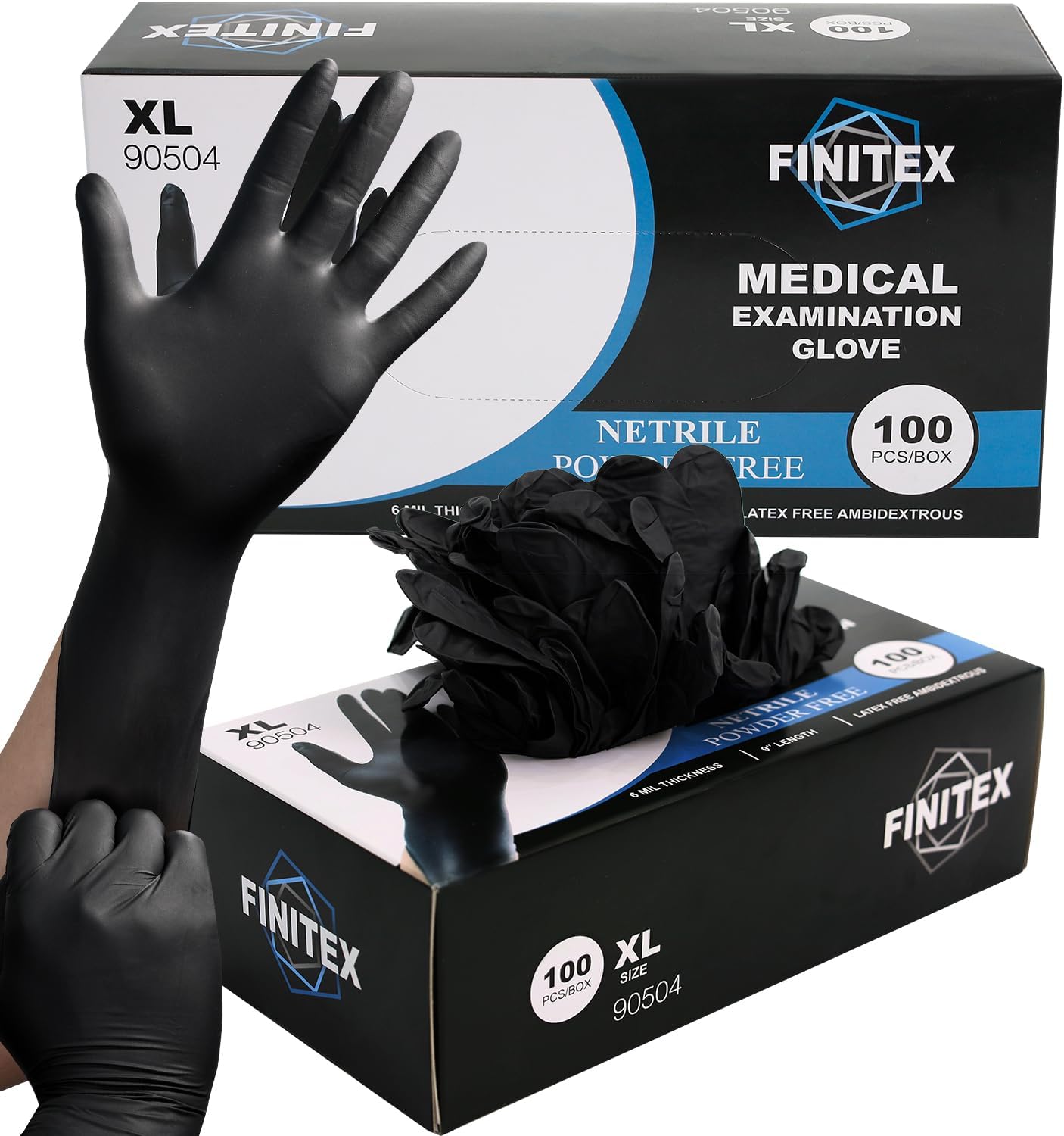 FINITEX Black Nitrile Exam Gloves - 6.3mil, Powder-Free, Latex-Free