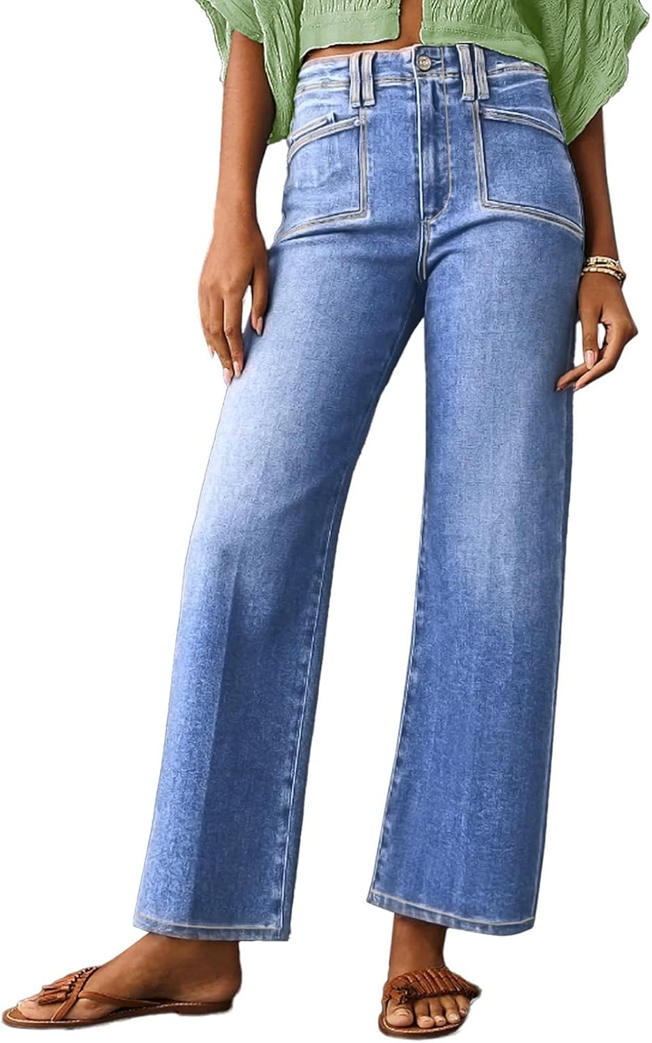 Astylish Womens Wide Leg Jeans High Waisted Stretchy Denim Pants