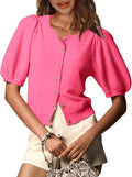 Womens Puff Short Sleeve Cardigan Lightweight Button Down - Summer It