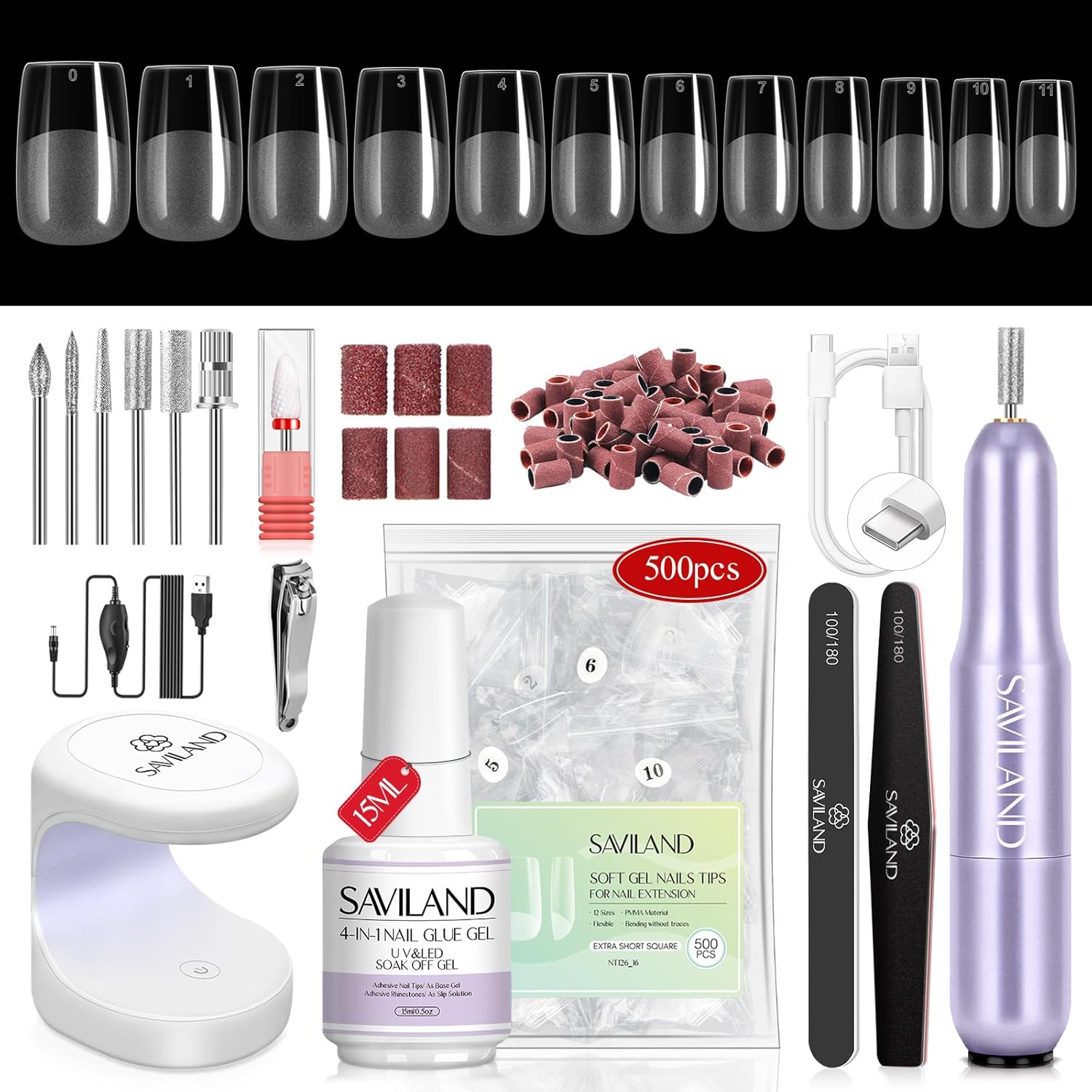 SAVILAND Gel Nail Kit with 500 PCS Short Square Nail Tips